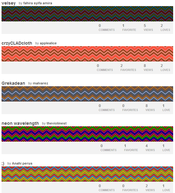 El mismo patrón con distintos colores, creados por mi y por otros usuarios de Colourlovers