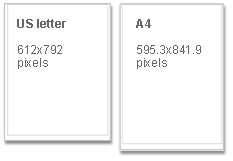 ejemplos de paginas letter y A4 con los tamaños indicados en pixels