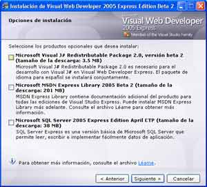 Opciones de Instalación de Visual Web Developer Express