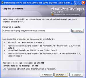 Productos adicionales que se incluyen en la instalación de Visual Web Developer Express 2005