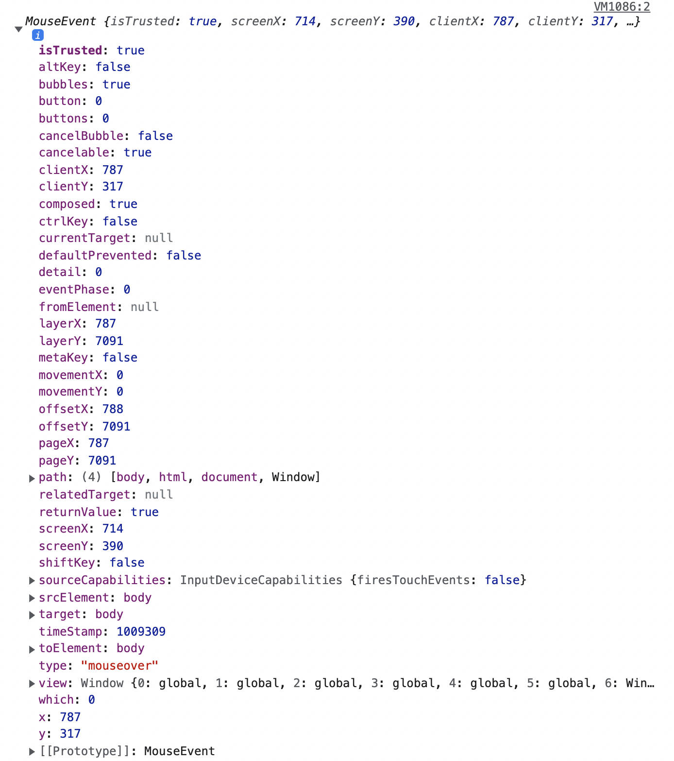 El objeto evento de Javascript mostrado en la consola del navegador