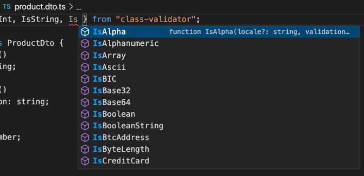 Podemos ver en VSCode los validadores disponibles gracias a class-validator