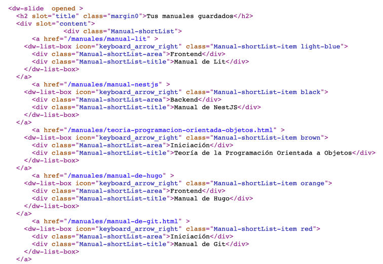 Código HTML que usa Web Components y Slots