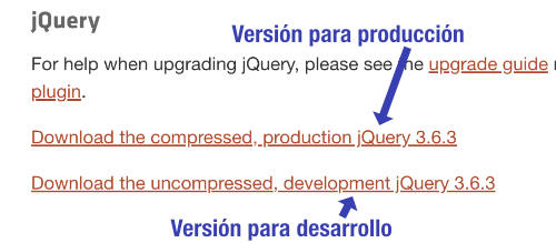 Enlaces a versiones de desarrollo y producción de jQuery