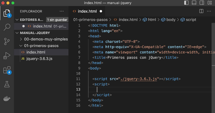 Vista del editor con los archivos de jquery necesarios para trabajar, el javascript y el html