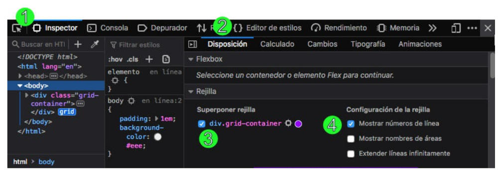 Pasos para inspeccionar la rejilla en Firefox Developer Edition