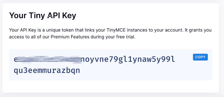 Así aprece la llave (api key) de TinyMCE